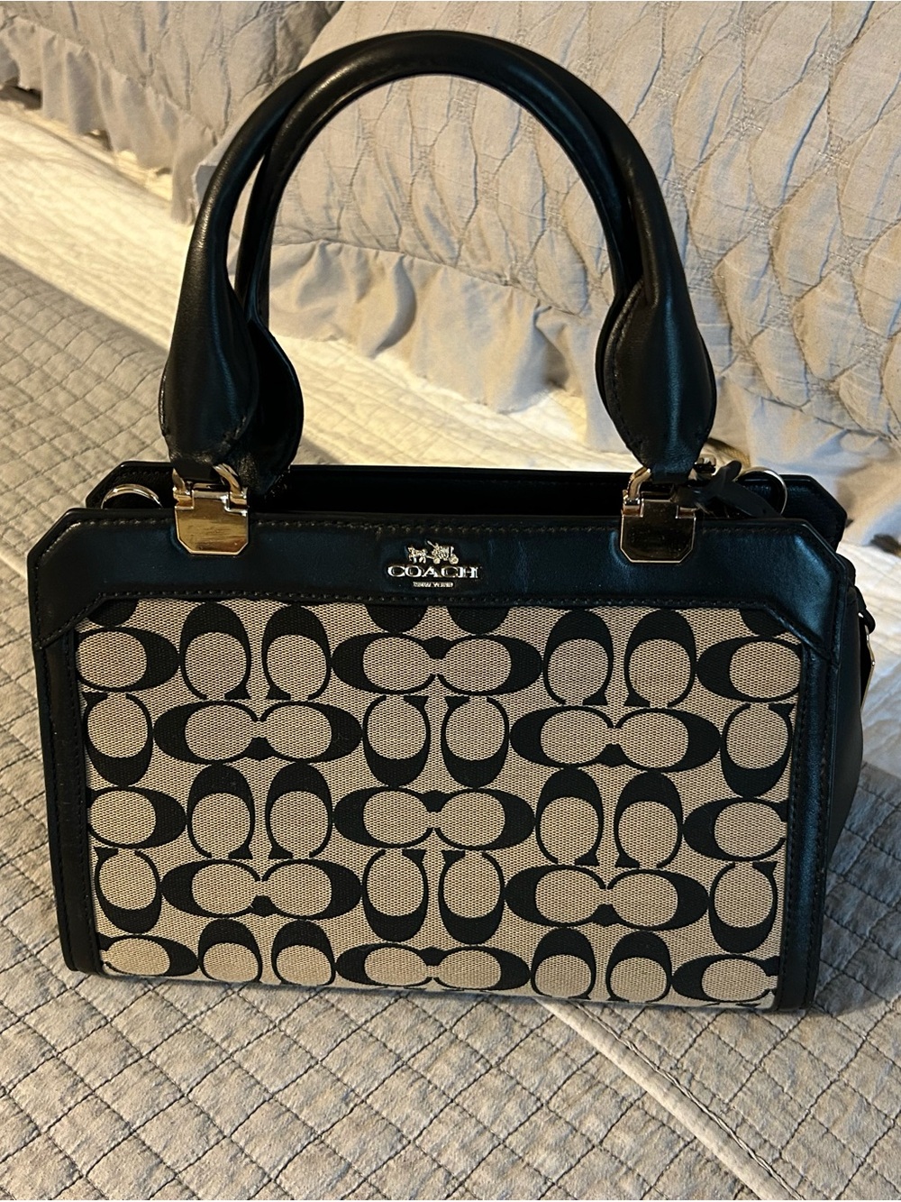 Coach Black and Cream Signature Canvas Satchel